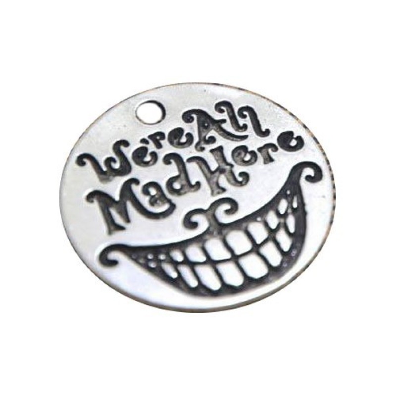2 Breloques Chat du Cheshire Thème Alice au Pays des Merveilles "We're All Mad Here" Argenté 20mm