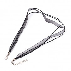 10 Colliers en Ruban d'Organza Noir et Cordon de Cire avec Fermoir et Chaîne d'Extension 6mm