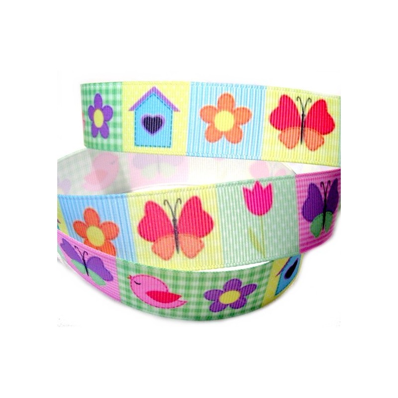 1 Mètre de Ruban Gros Grain Oiseau Fleur Papillon 22mm