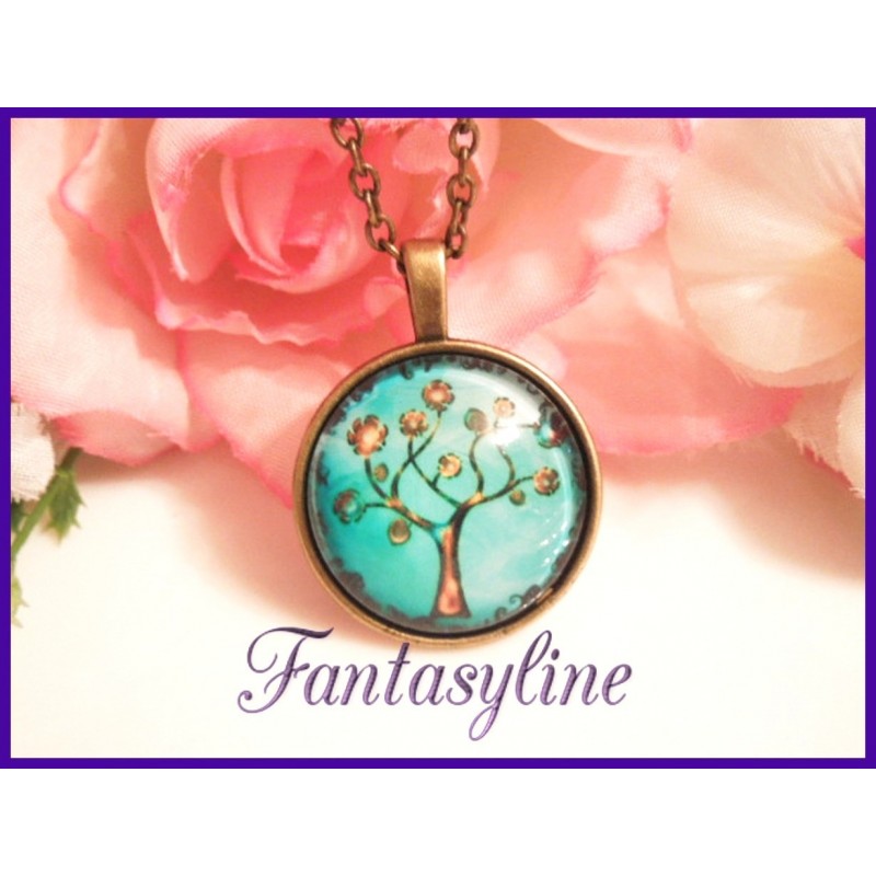 1 Pendentif Cabochon 25mm Motif Arbre avec Chaîne Bronze Vintage