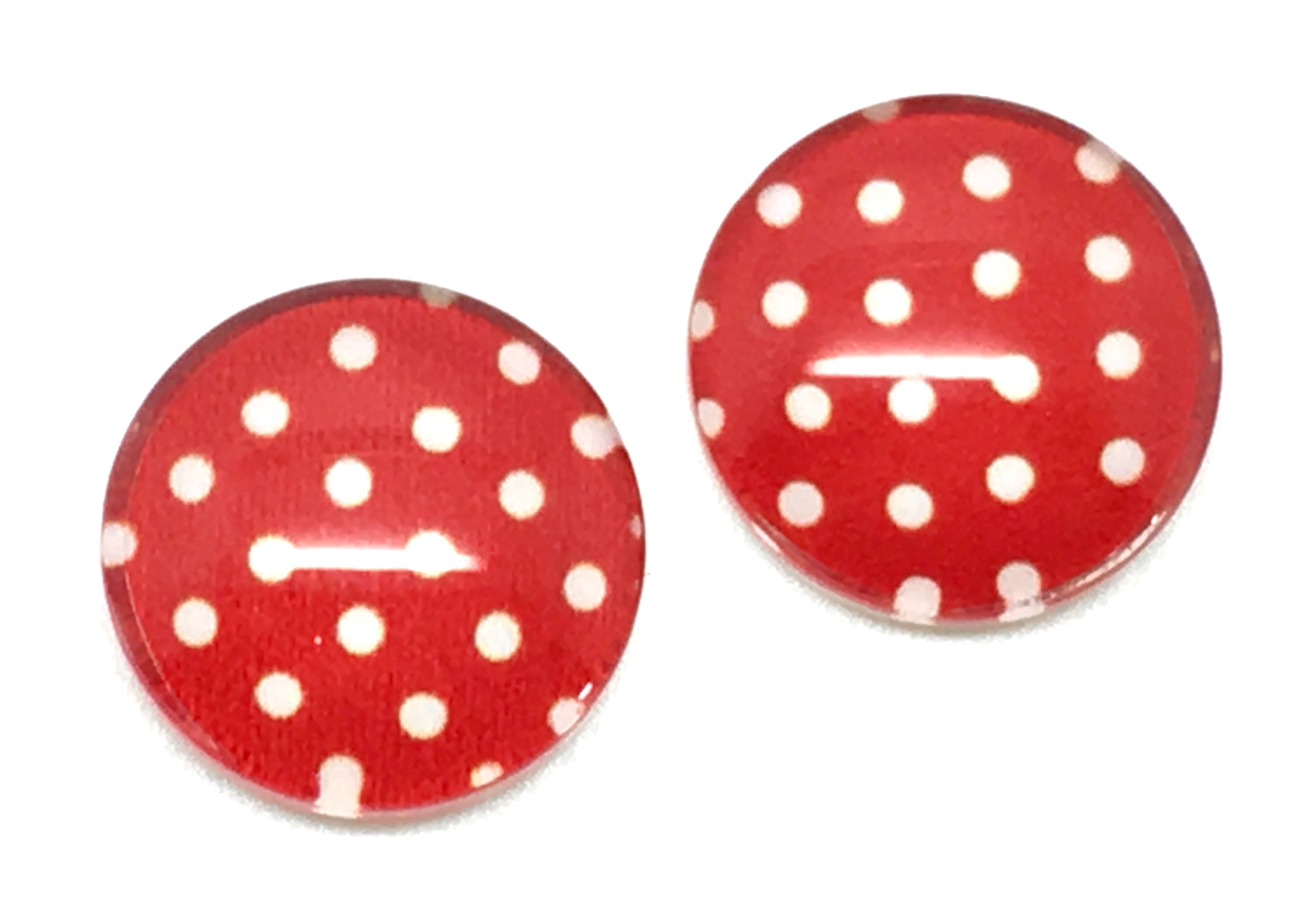 2 Cabochons en Verre Illustrés Rouge à Pois Blanc 12mm