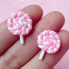 2 Cabochons Mini Sucette Rose/Blanc en Pâte Polymère Fimo 22x16mm pour la Création de Bijoux Fantaisie - DIY