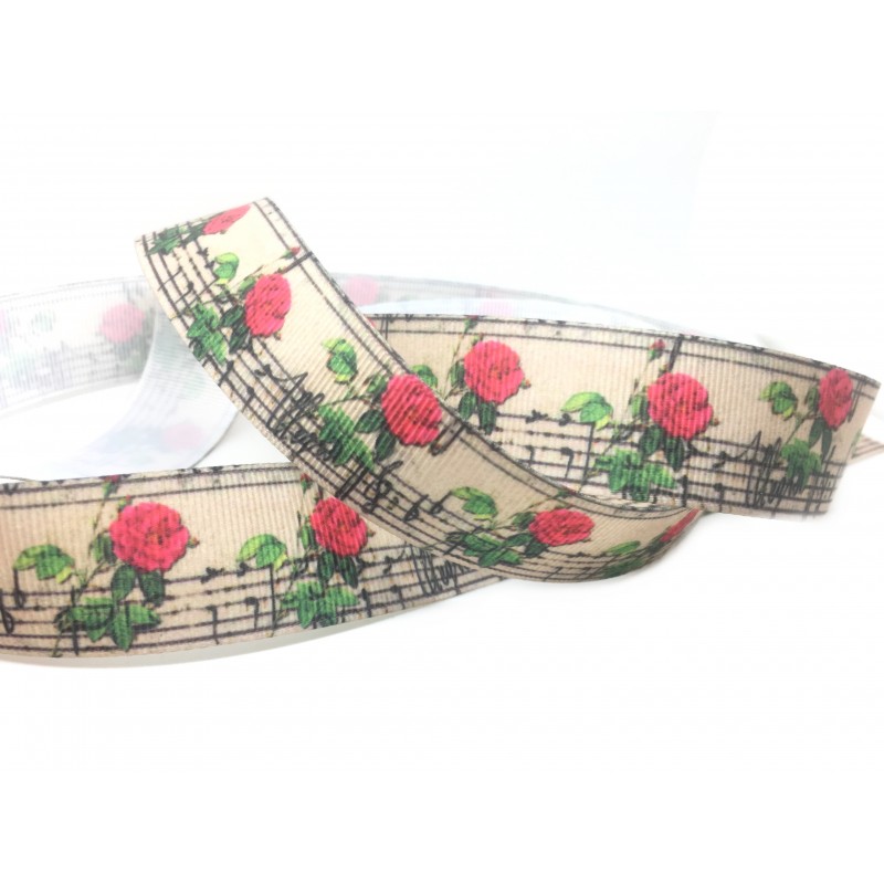 1 Mètre de Ruban Gros Grain Musique Rose 25mm