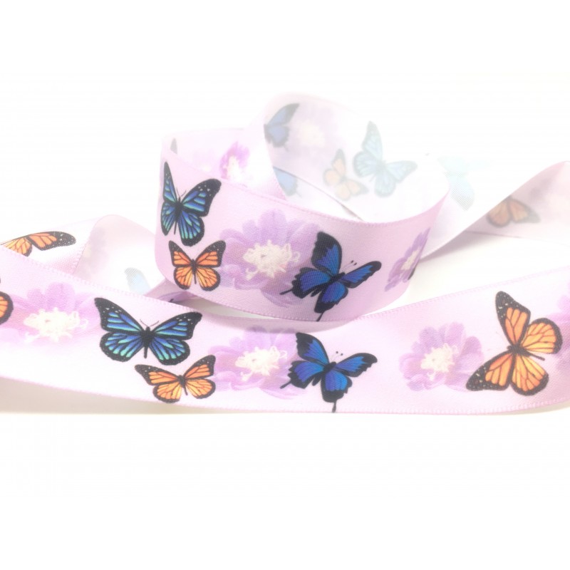 1 Mètre de Ruban Satin Mauve Papillons 25mm