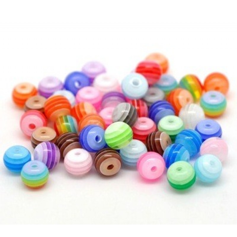 50 Perles en Acrylique Rayées Multicolores 6mm