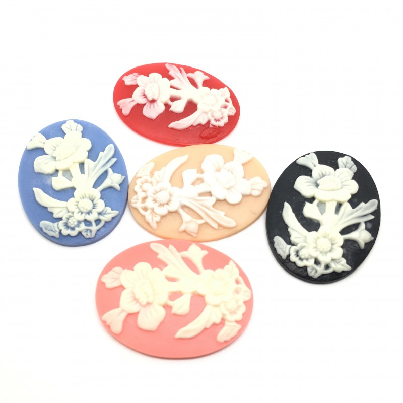 5 Camées Cabochon Fleurs Haute Qualité pour Support 30x40mm