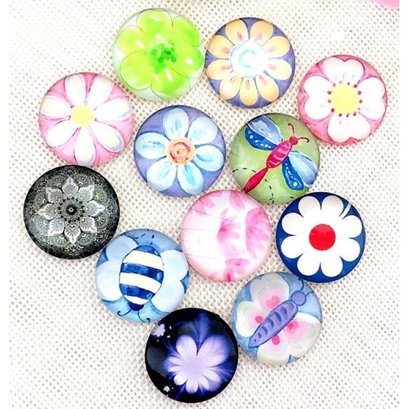 5 Cabochons en Verre Illustrés Fleurs et Insecte 12mm