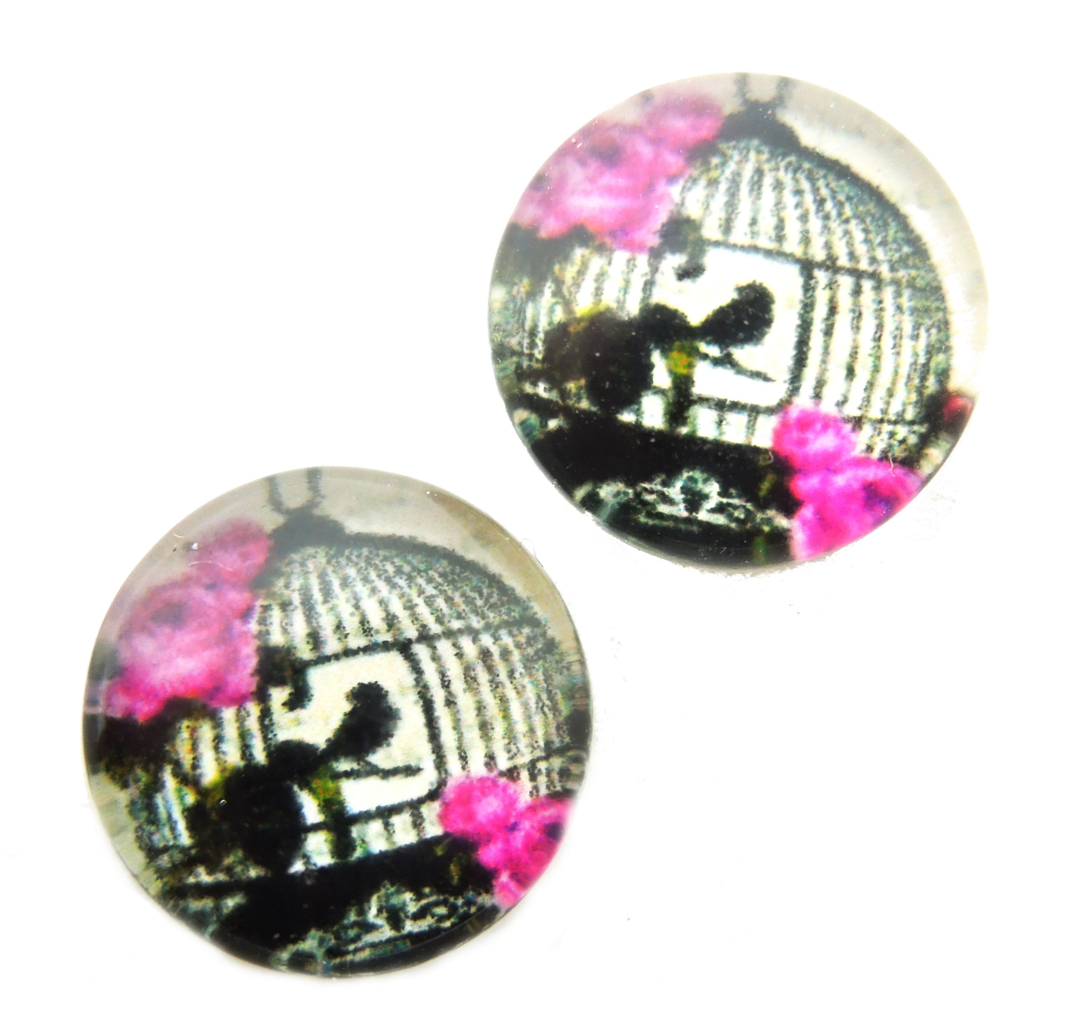 2 Cabochons en Verre Illustrés Silhouette Cage Oiseau 12mm
