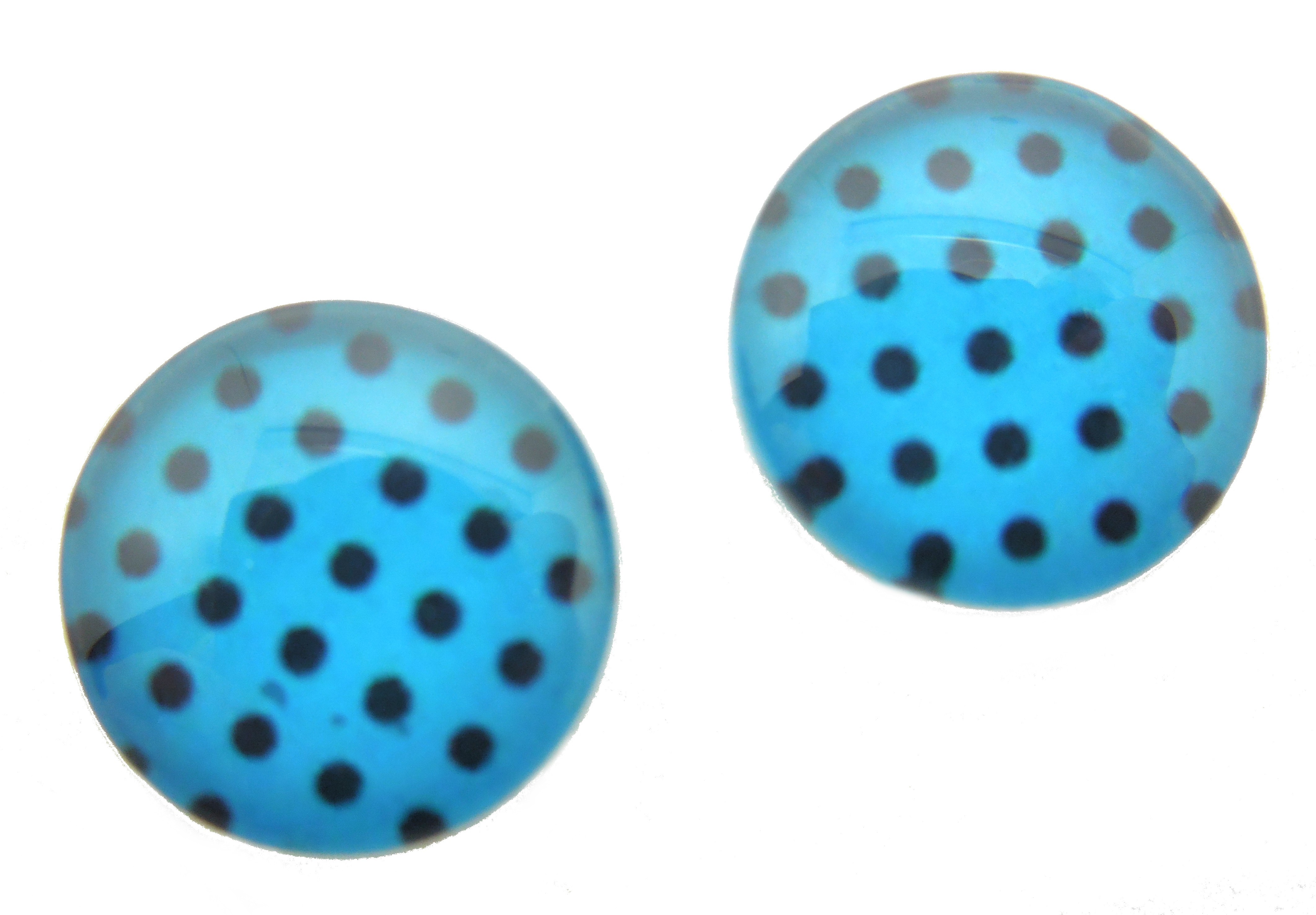 2 Cabochons en Verre Illustrés Bleu à Pois Noir 12mm