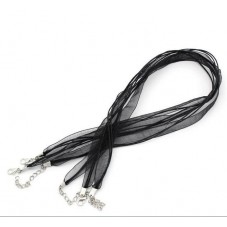 10 Colliers en Ruban d'Organza Noir et Cordon de Cire avec Fermoir et Chaîne d'Extension 6mm