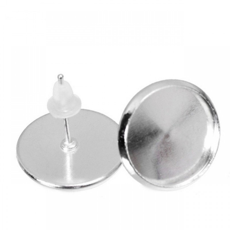 1 Paire de Supports Boucles d’Oreilles Puces Argentés avec Stoppers pour Cabochon 12mm