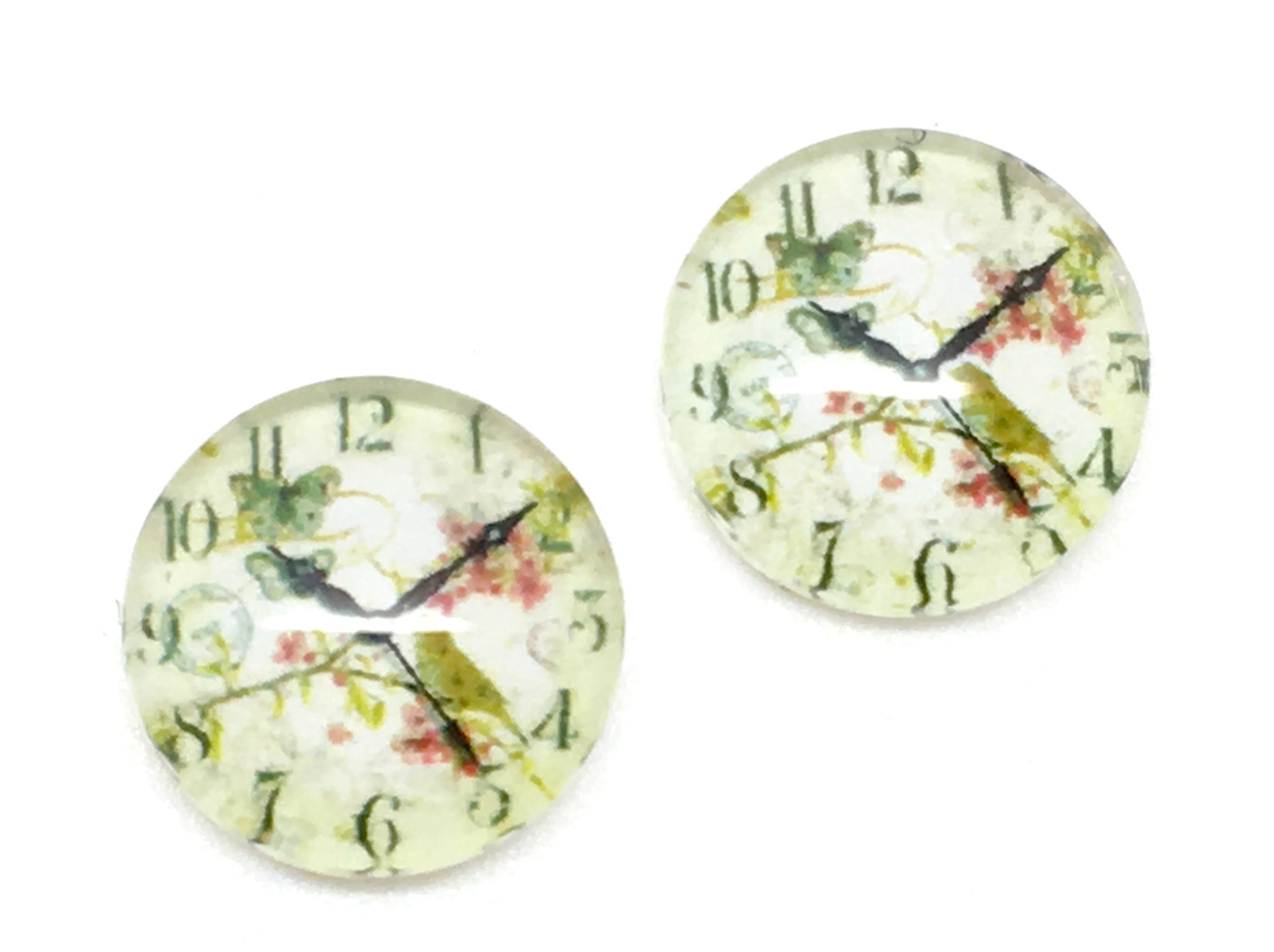 2 Cabochons en Verre Illustrés Horloge Fleurs 12mm