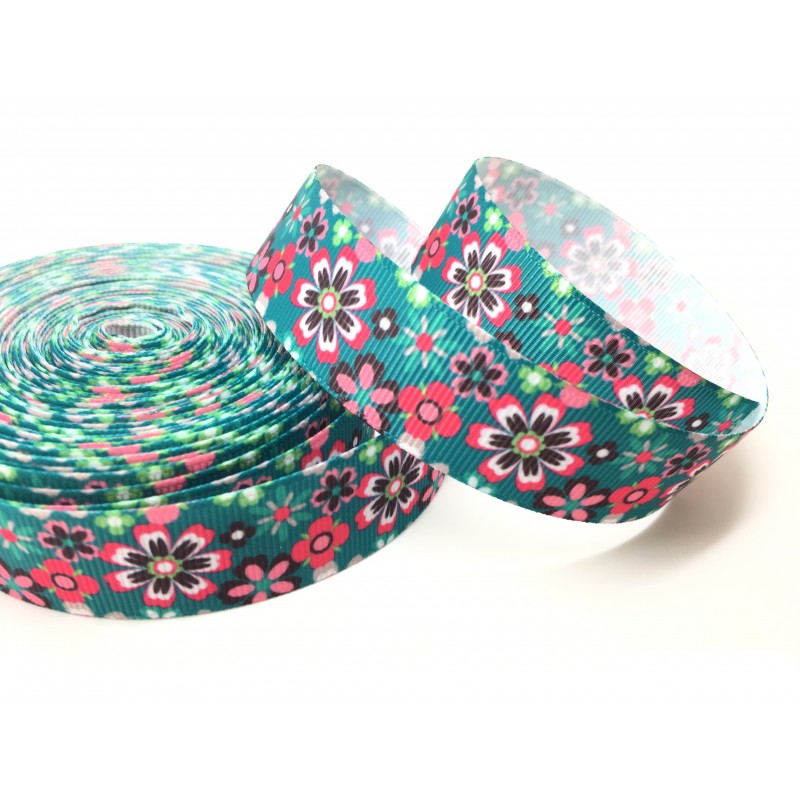 1 Mètre de Ruban Gros Grain Fleurs 22mm