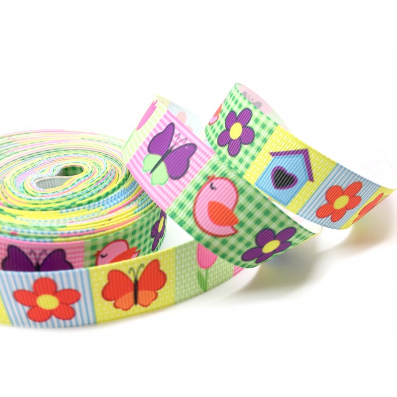 1 Mètre de Ruban Gros Grain Oiseau Fleur Papillon 22mm