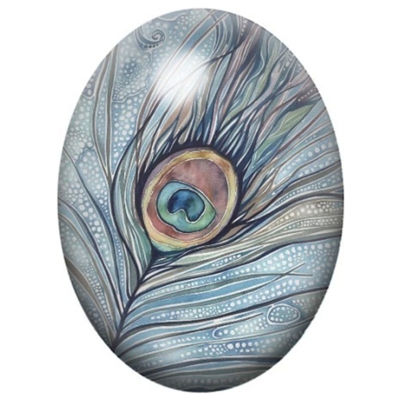 Cabochon en Verre Illustré Plume de Paon Bleue 13x18, 18x25 ou 30x40mm