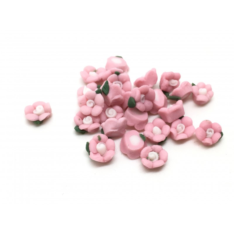 15 Cabochons Fleurs Roses Miniatures en Fimo 5mm