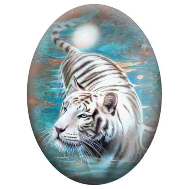 Cabochon en Verre Illustré Tigre Blanc et Plume 13x18, 18x25 ou 30x40mm