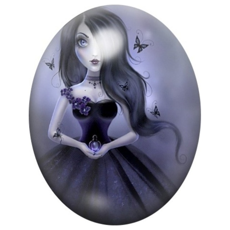 Cabochon en Verre Illustré Femme Gothique aux Papillons 13x18, 18x25 ou 30x40mm