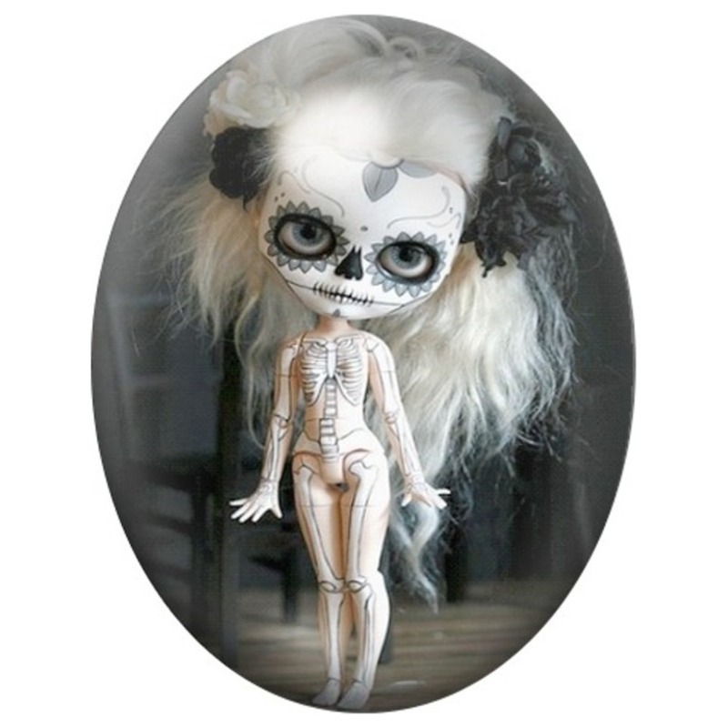 Cabochon en Verre Illustré Poupée Calavera au Nœud Noir 13x18, 18x25 ou 30x40mm