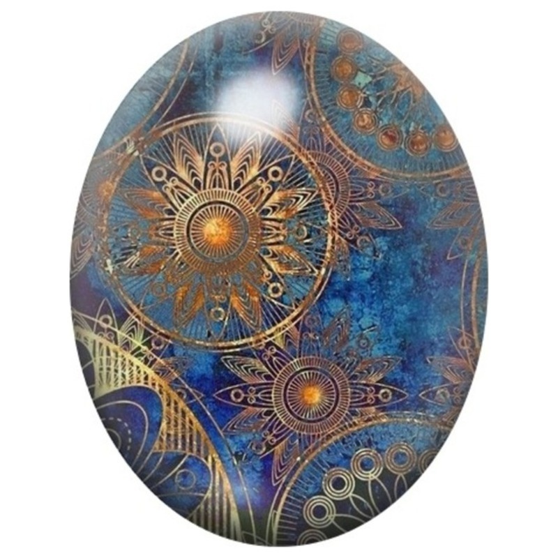 Cabochon en Verre Illustré Mandala Solaire Bleu et Cuivre 13x18, 18x25 ou 30x40mm