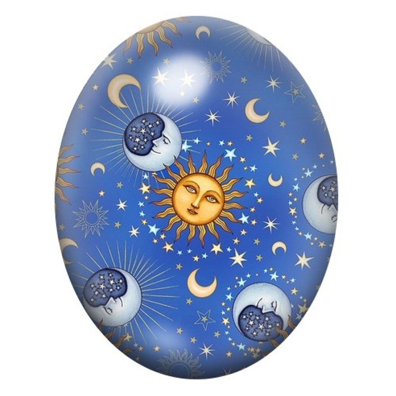 Cabochon en Verre Illustré Soleil et Lunes Étoilées 13x18, 18x25 ou 30x40mm