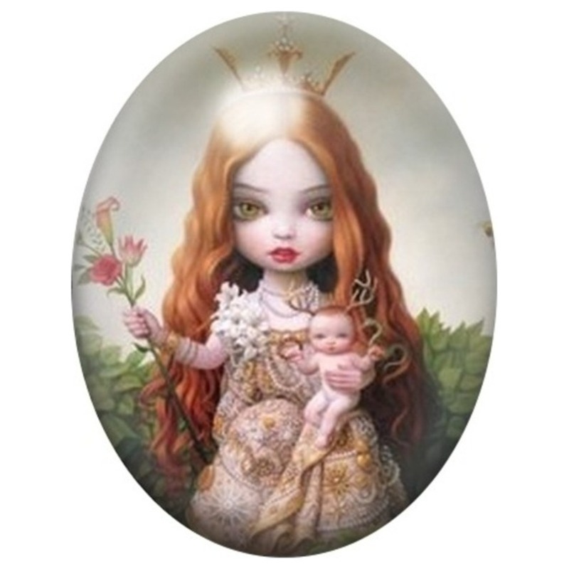 Cabochon en Verre Illustré Reine aux Roses et au Chat 13x18, 18x25 ou 30x40mm