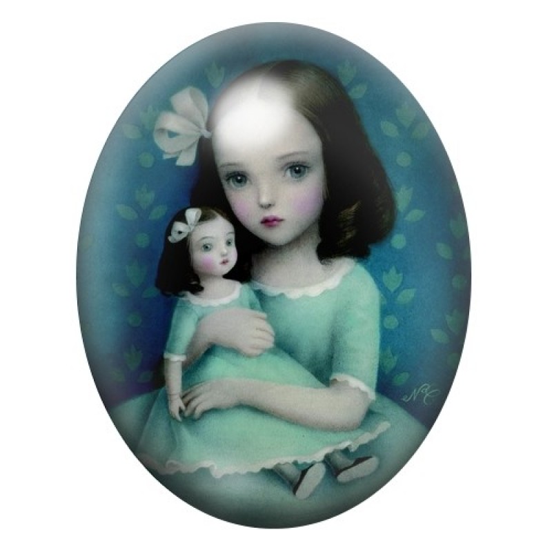 Cabochon en Verre Illustré Petite Fille Poupée Étrange 13x18, 18x25 ou 30x40mm
