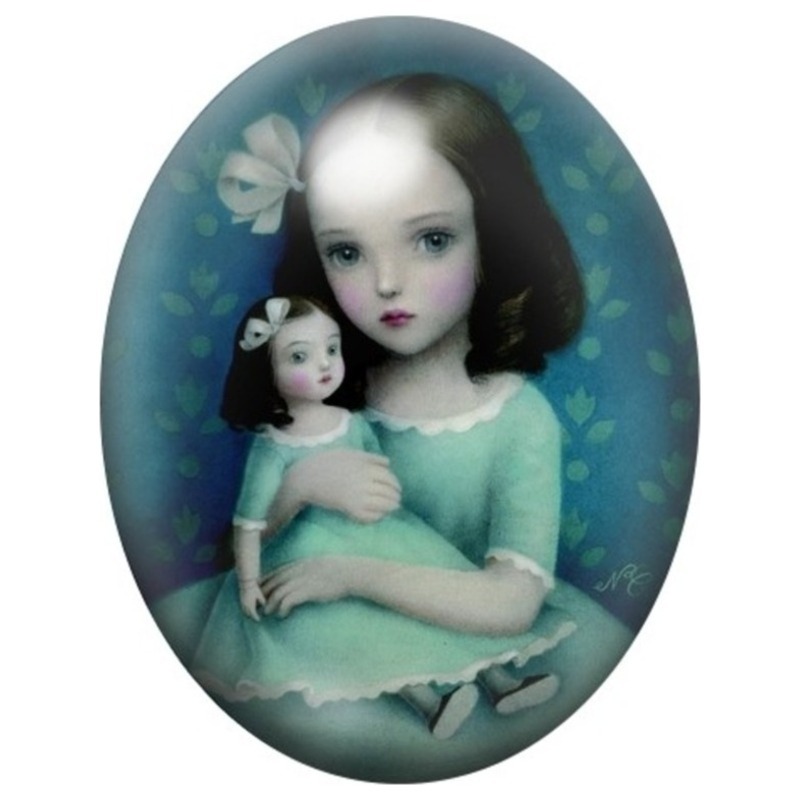 Cabochon en Verre Illustré Poupée aux Deux Visages 13x18, 18x25 ou 30x40mm