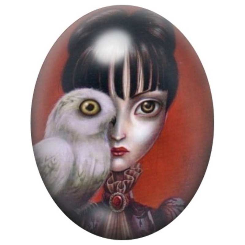 Cabochon en Verre Illustré Femme Gothique à la Chouette 13x18, 18x25 ou 30x40mm