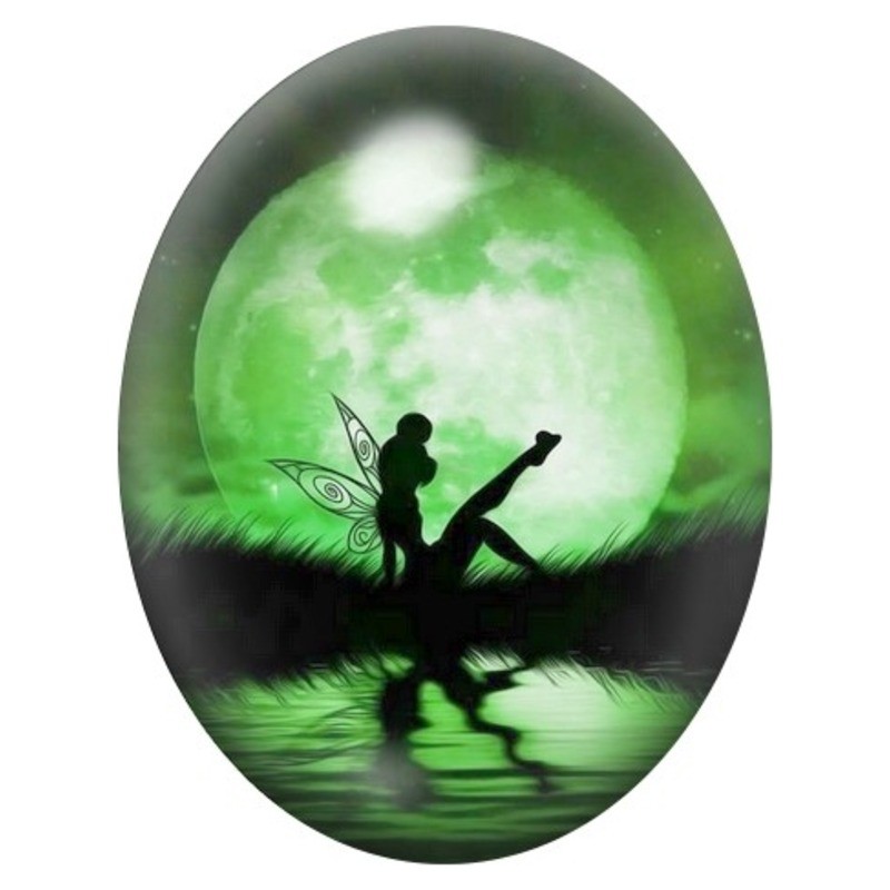 Cabochon en Verre Illustré Fée sous la Lune Verte 13x18, 18x25 ou 30x40mm