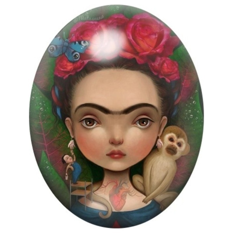 Cabochon en Verre Illustré Frida Kahlo aux Roses 13x18, 18x25 ou 30x40mm