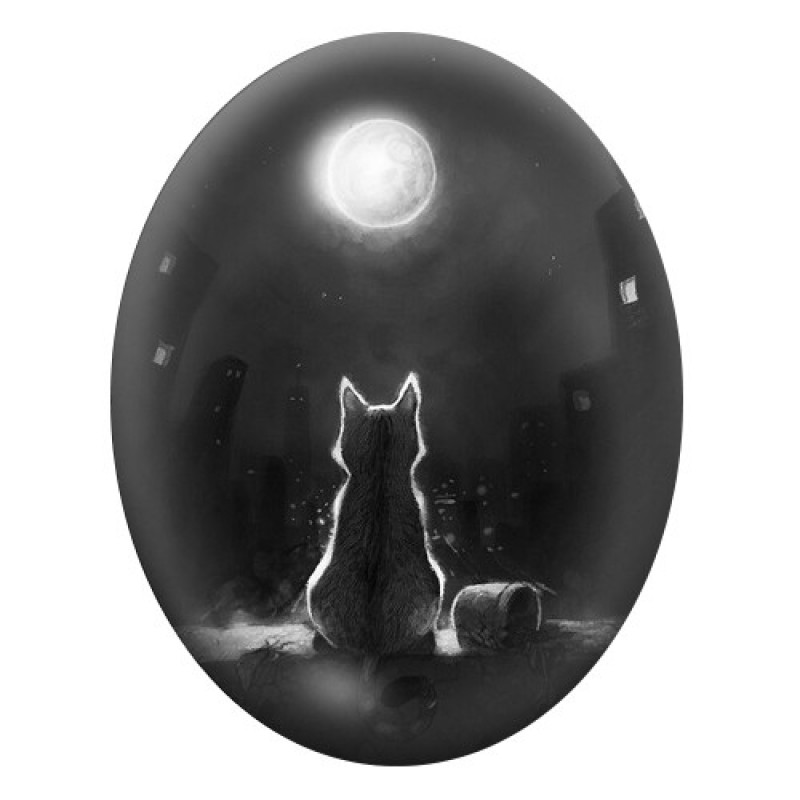 Cabochon en Verre Illustré Chat Lune Noir & Blanc 13x18, 18x25 ou 30x40mm