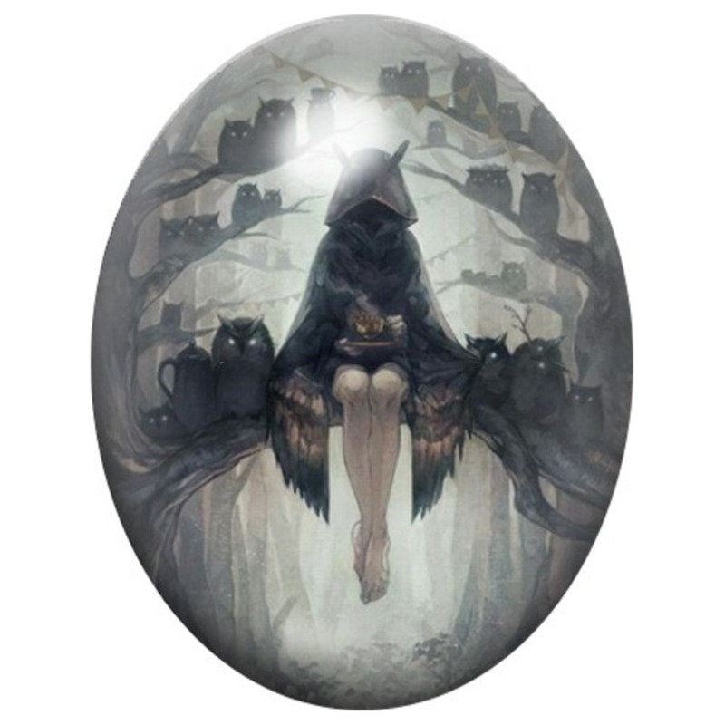 Cabochon en Verre Illustré Femme Gothique aux Hiboux 13x18, 18x25 ou 30x40mm
