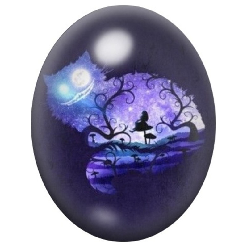 Cabochon en Verre Illustré Chat du Cheshire sous la Lune 13x18, 18x25 ou 30x40mm