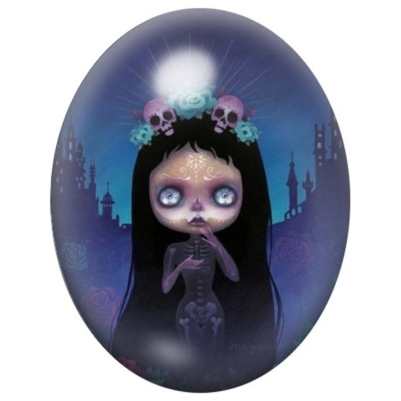 Cabochon en Verre Illustré Petite Poupée Calavera Violette 13x18, 18x25 ou 30x40mm