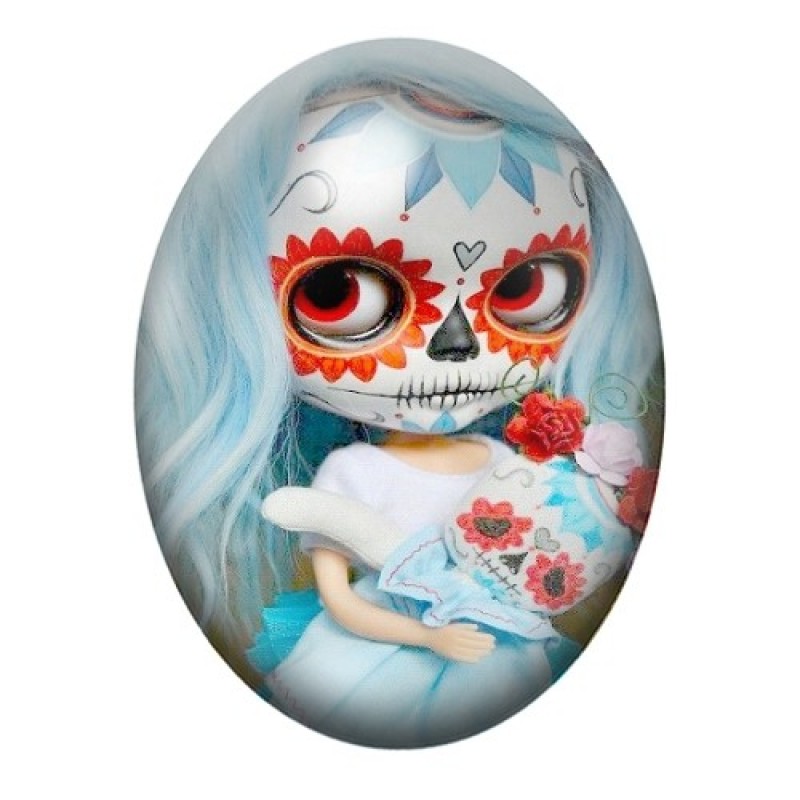 Cabochon en Verre Illustré Poupée Calavera à la Rose Rouge 13x18, 18x25 ou 30x40mm