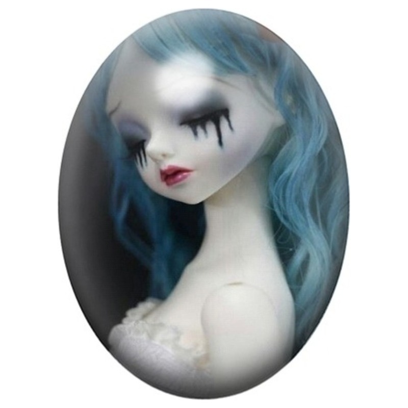 Cabochon en Verre Illustré Poupée aux Cheveux Bleus 13x18, 18x25 ou 30x40mm