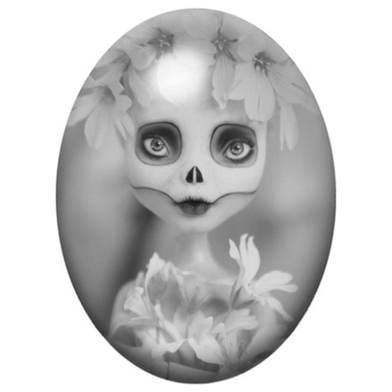 Cabochon en Verre Illustré Poupée Calavera aux Fleurs Blanches 13x18, 18x25 ou 30x40mm