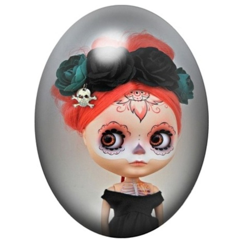 Cabochon en Verre Illustré Poupée Calavera aux Roses Noires 13x18, 18x25 ou 30x40mm