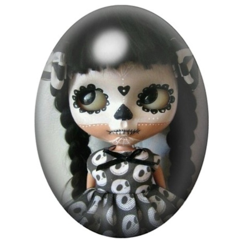 Cabochon en Verre Illustré Poupée Calavera à la Robe Noire 13x18, 18x25 ou 30x40mm