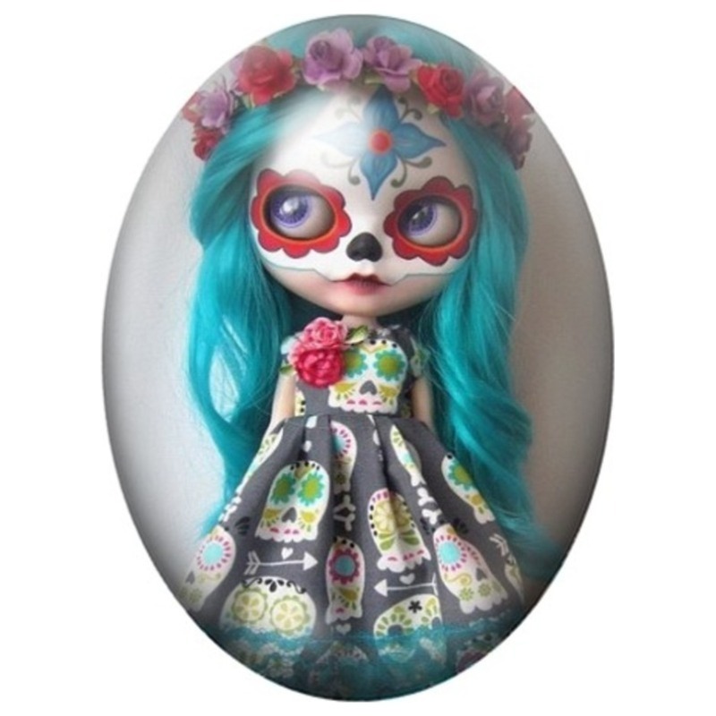 Cabochon en Verre Illustré Poupée Calavera aux Cheveux Bleus 13x18, 18x25 ou 30x40mm