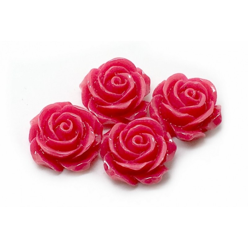 4 Cabochons Fleur Rose en Résine Fuchsia 14mm