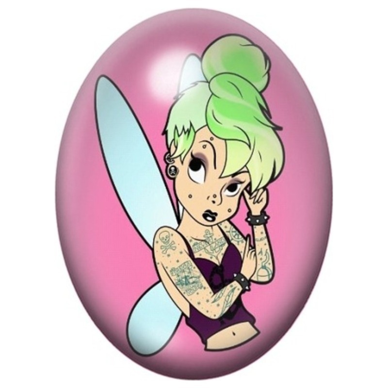 Cabochon en Verre Illustré Fée Punk aux Cheveux Verts 13x18, 18x25 ou 30x40mm