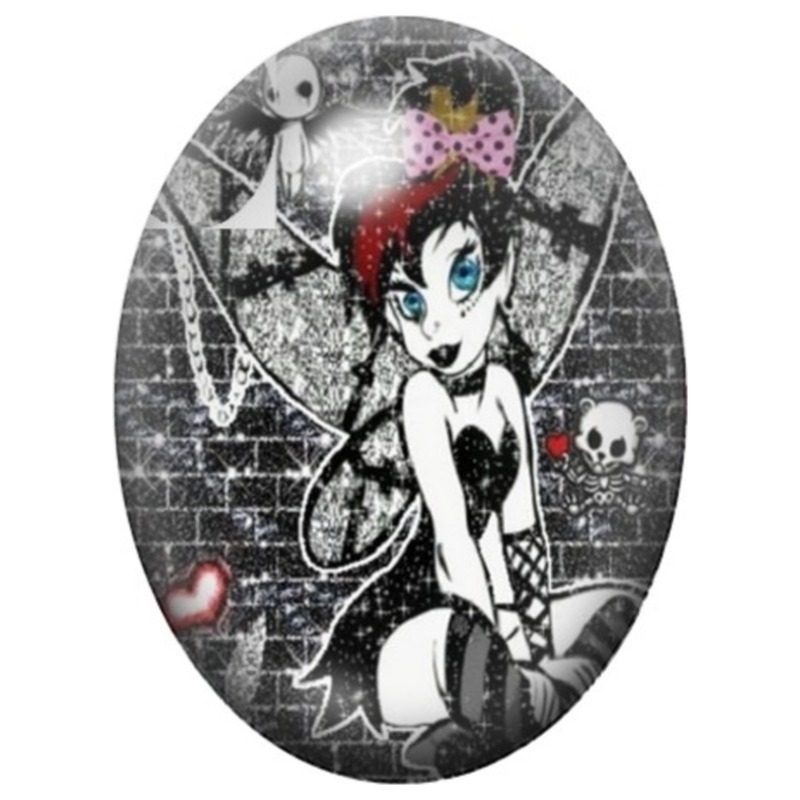 Cabochon en Verre Illustré Fée Gothique au Cœur Noir 13x18, 18x25 ou 30x40mm