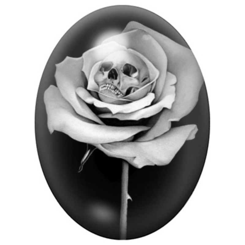 Cabochon en Verre Illustré Rose Blanche au Cœur de Crâne 13x18, 18x25 ou 30x40mm