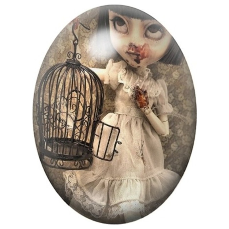 Cabochon en Verre Illustré Petite Fille aux Cages à Oiseaux 13x18, 18x25 ou 30x40mm