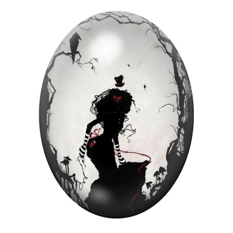 Cabochon en Verre Illustré Femme au Corbeau Rouge et Noir 13x18, 18x25 ou 30x40mm