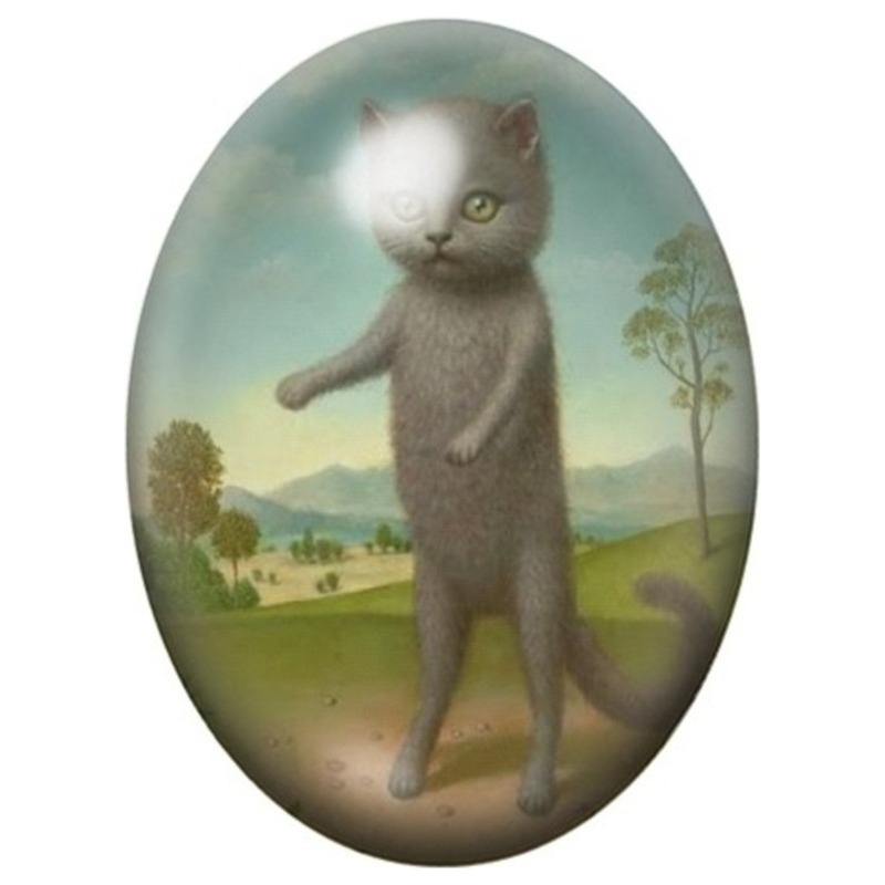 Cabochon en Verre Illustré Chat Étrange dans la Campagne 13x18, 18x25 ou 30x40mm