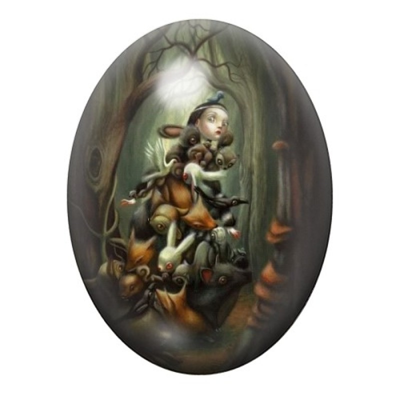 Cabochon en Verre Illustré Petite Fille Animaux Étrange 13x18, 18x25 ou 30x40mm