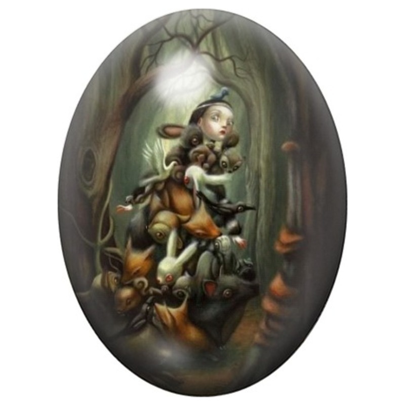 Cabochon en Verre Illustré Petite Fille aux Animaux de la Forêt 13x18, 18x25 ou 30x40mm